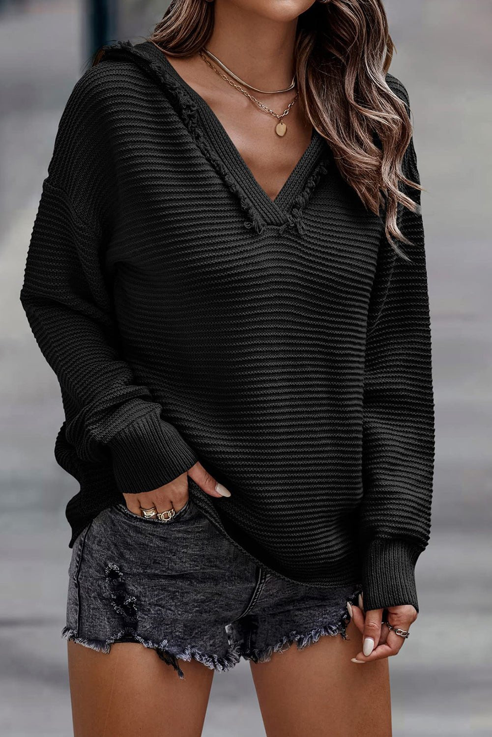 Black Split V Neck Pullover Knit Hooded Sweater - MAD RUFFI