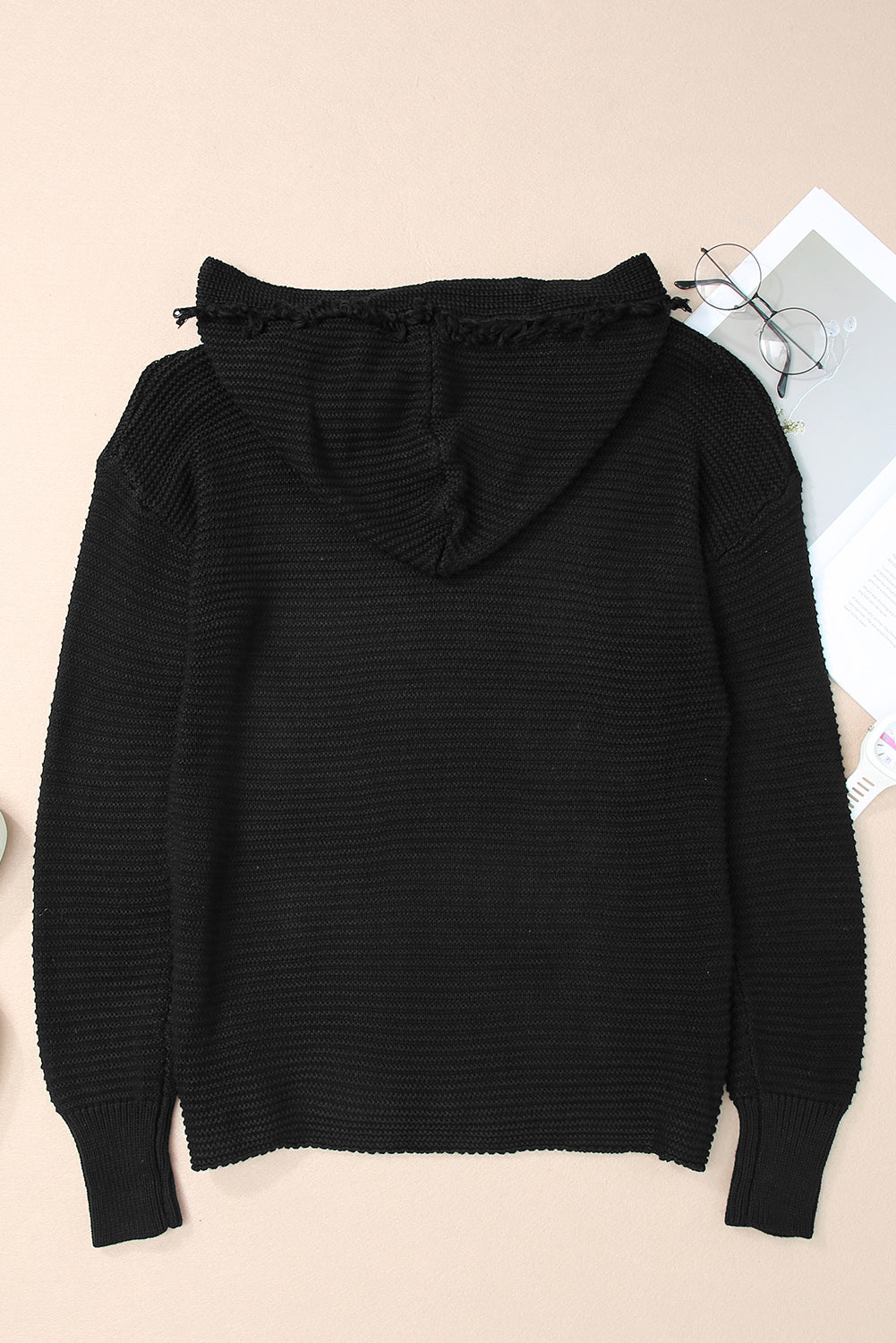 Black Split V Neck Pullover Knit Hooded Sweater - MAD RUFFI