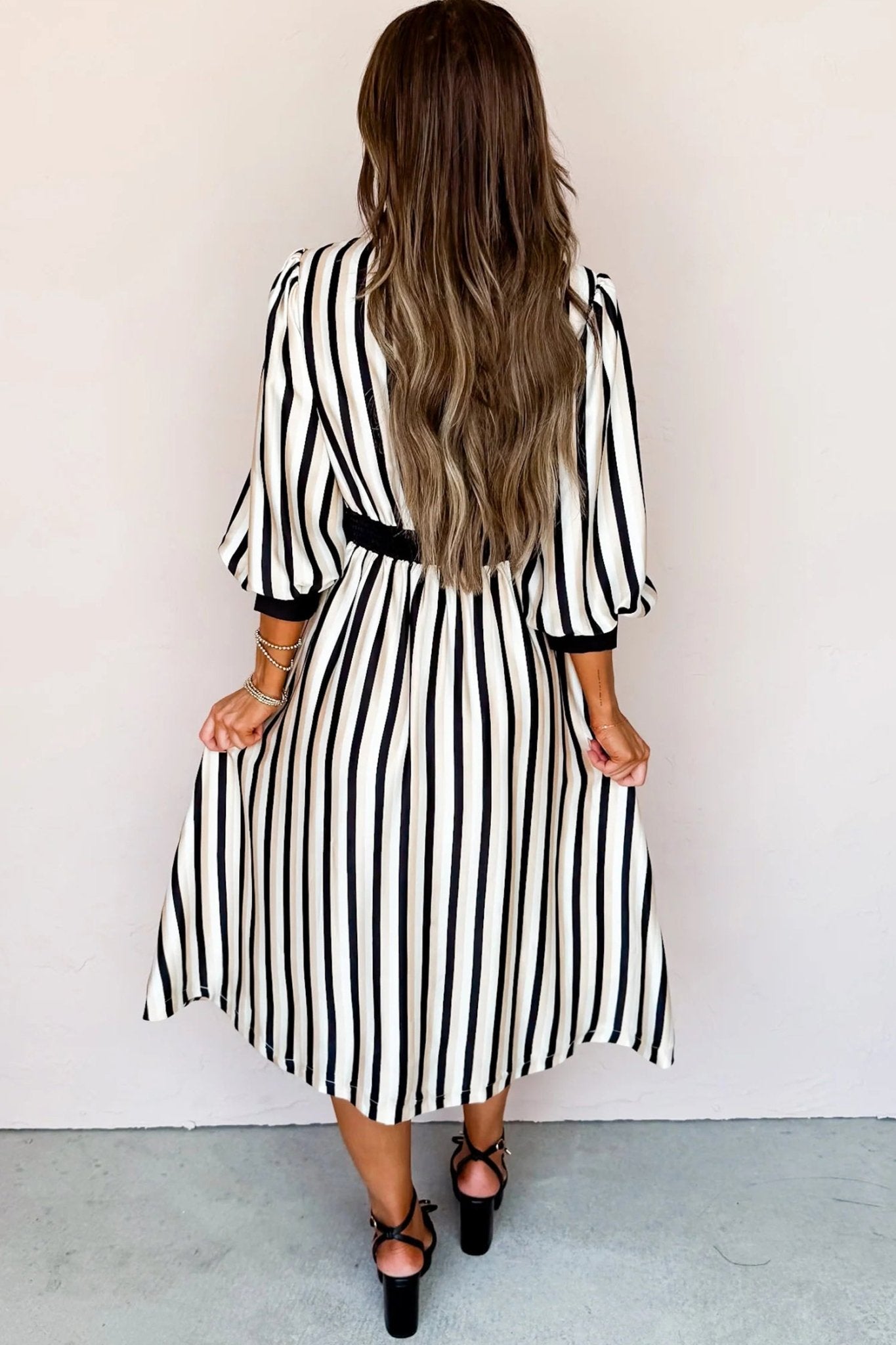 Black Stripe 3/4 Puff Sleeve Shirt Style Button Down Midi Dress - MAD RUFFI