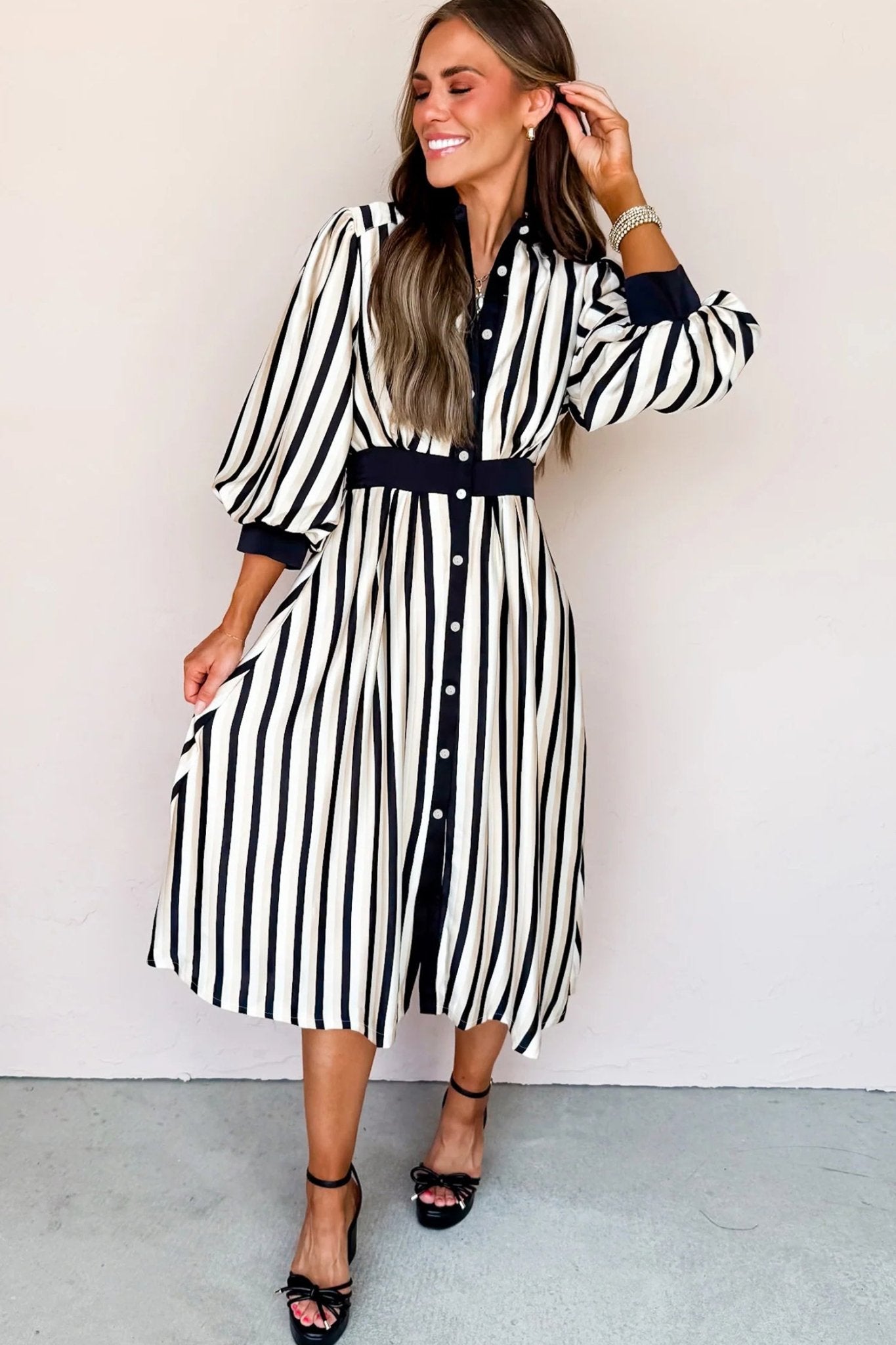 Black Stripe 3/4 Puff Sleeve Shirt Style Button Down Midi Dress - MAD RUFFI