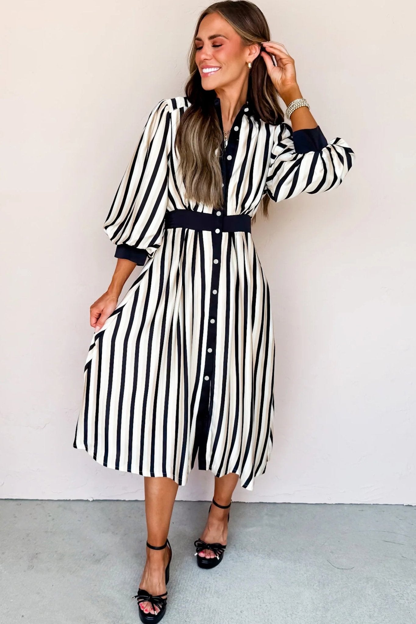Black Stripe 3/4 Puff Sleeve Shirt Style Button Down Midi Dress - MAD RUFFI