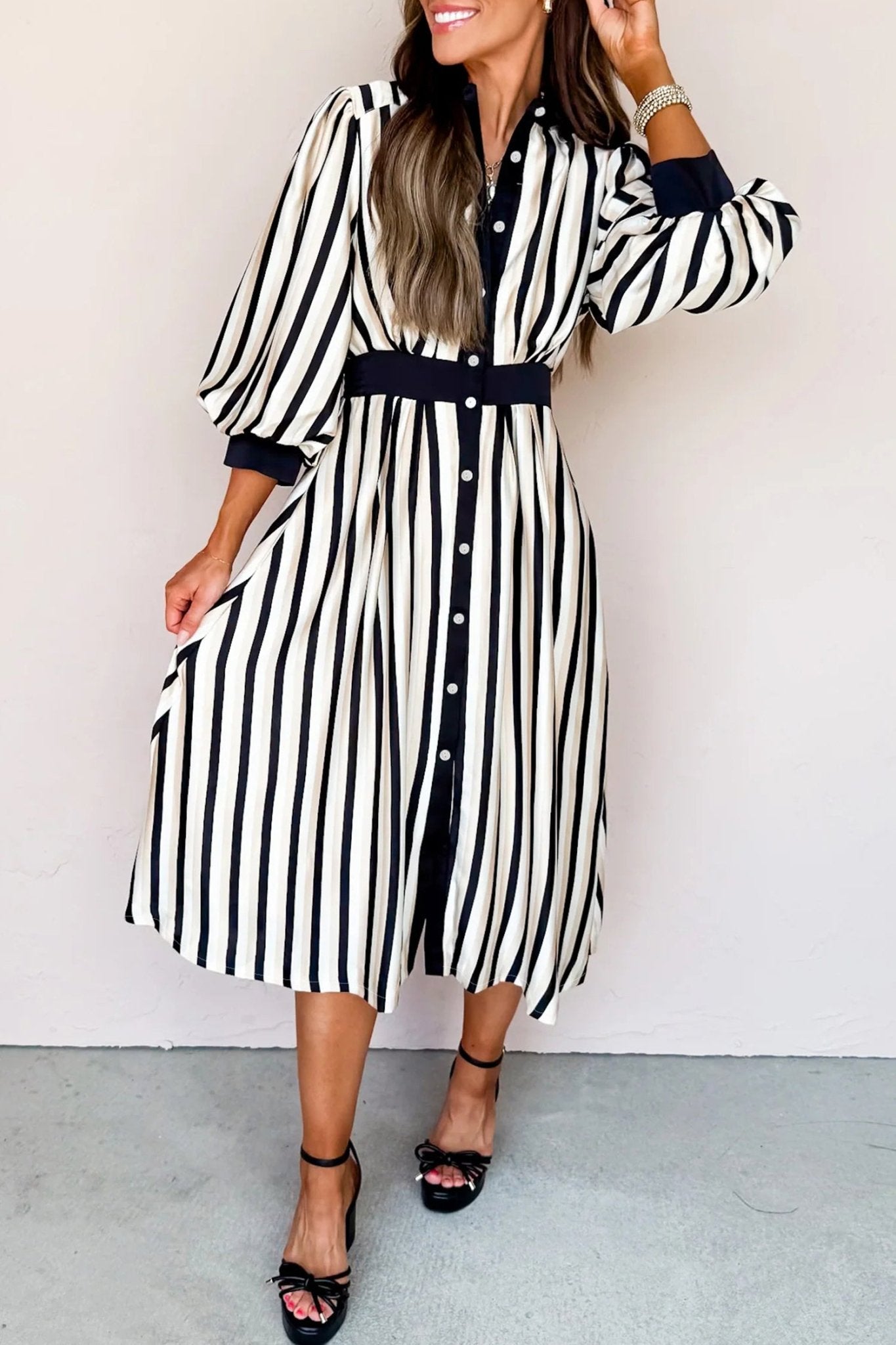 Black Stripe 3/4 Puff Sleeve Shirt Style Button Down Midi Dress - MAD RUFFI