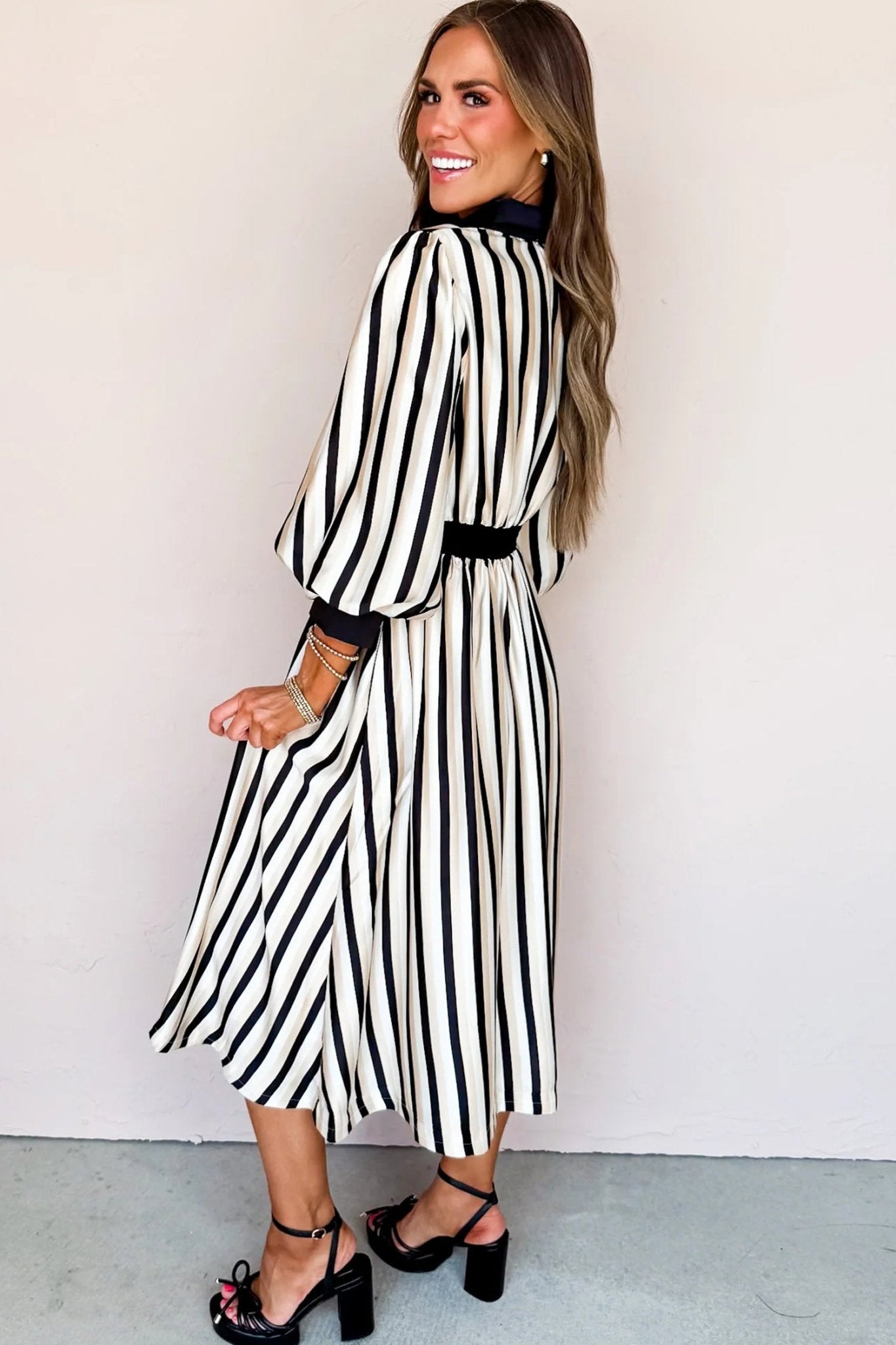Black Stripe 3/4 Puff Sleeve Shirt Style Button Down Midi Dress - MAD RUFFI