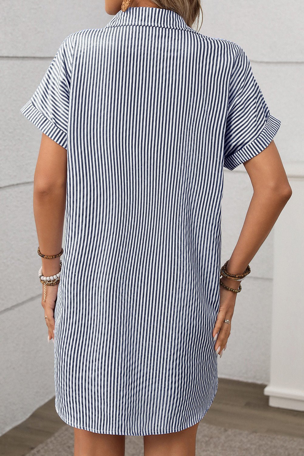 Black Stripe Button Up Pocket Collared Mini Dress - MAD RUFFI