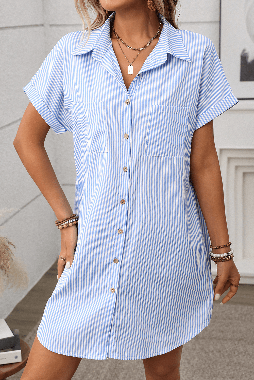 Black Stripe Button Up Pocket Collared Mini Dress - MAD RUFFI