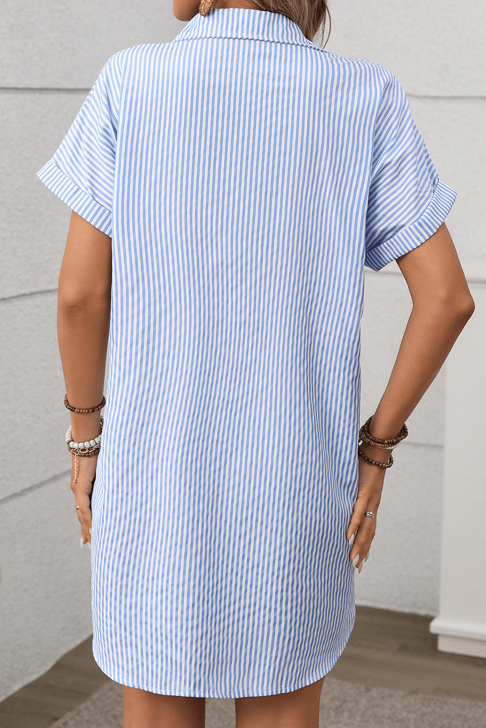 Black Stripe Button Up Pocket Collared Mini Dress - MAD RUFFI