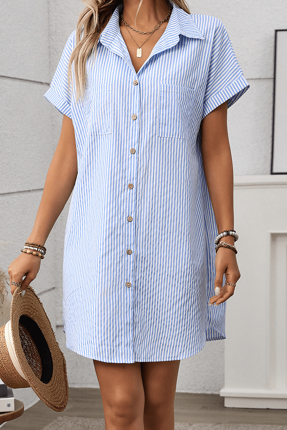 Black Stripe Button Up Pocket Collared Mini Dress - MAD RUFFI