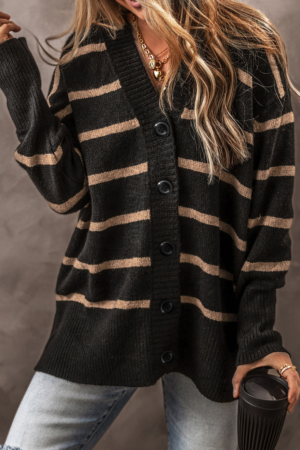 Black Stripe Buttoned V Neck Drop Shoulder Loose Cardigan - MAD RUFFI