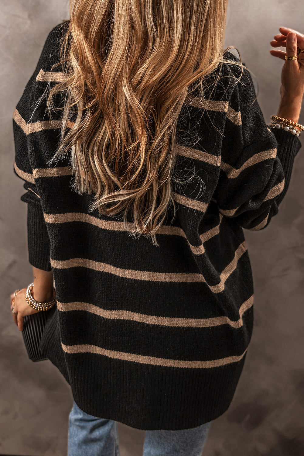 Black Stripe Buttoned V Neck Drop Shoulder Loose Cardigan - MAD RUFFI