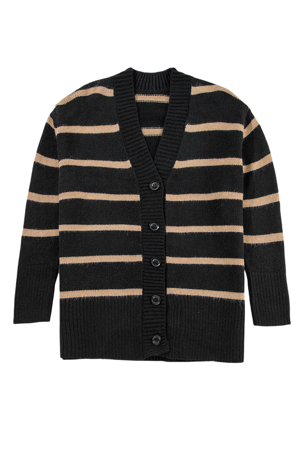 Black Stripe Buttoned V Neck Drop Shoulder Loose Cardigan - MAD RUFFI