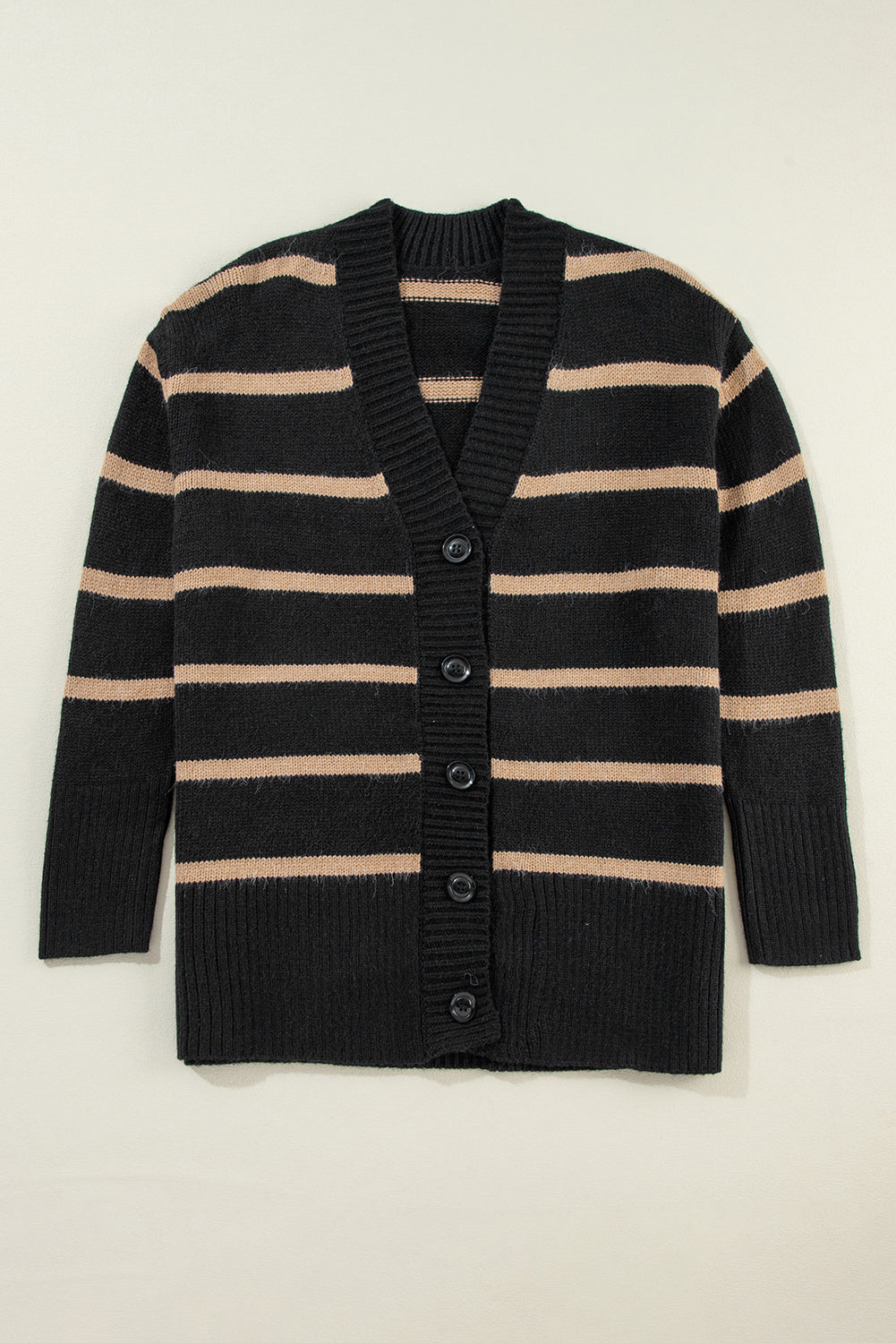 Black Stripe Buttoned V Neck Drop Shoulder Loose Cardigan - MAD RUFFI