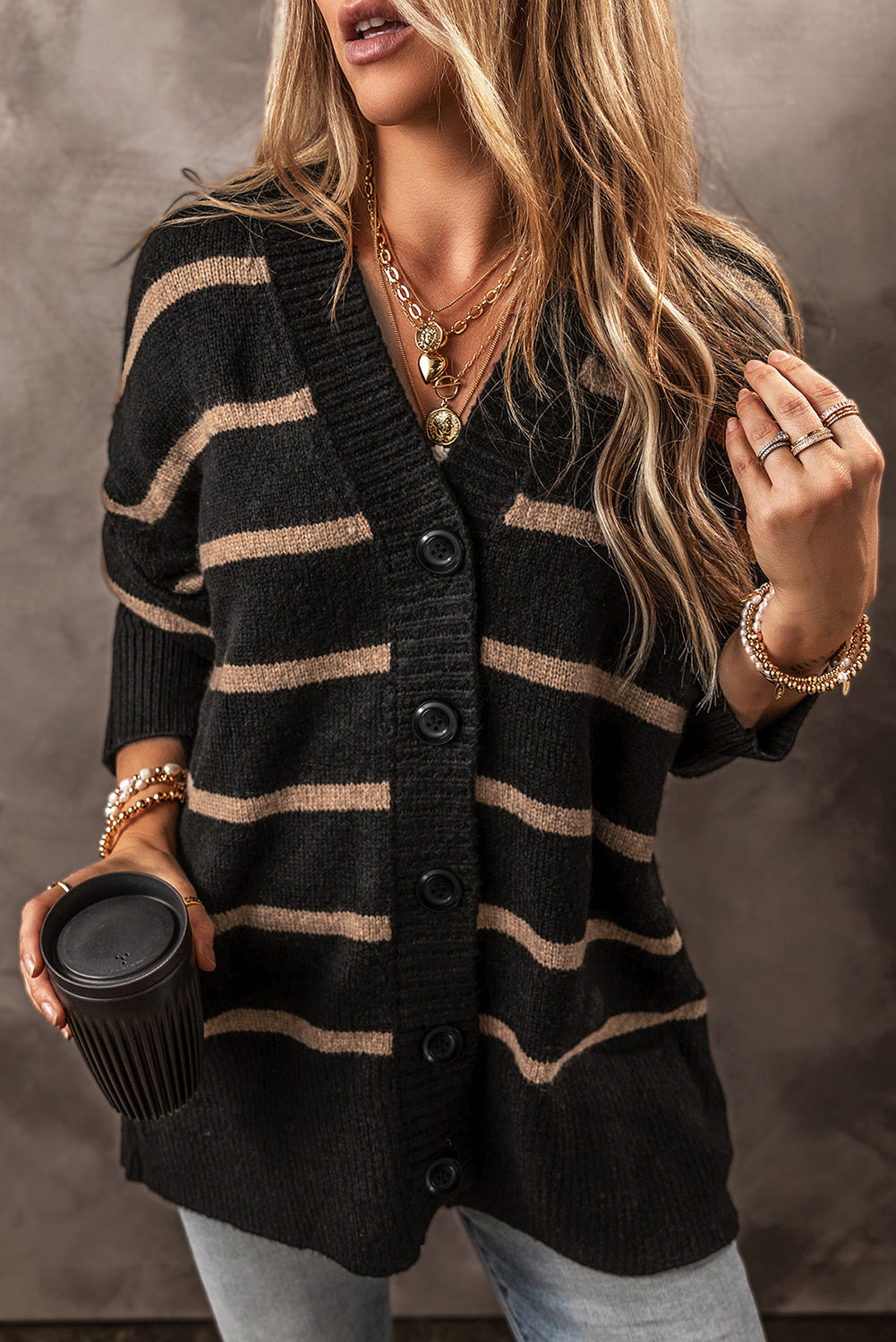 Black Stripe Buttoned V Neck Drop Shoulder Loose Cardigan - MAD RUFFI