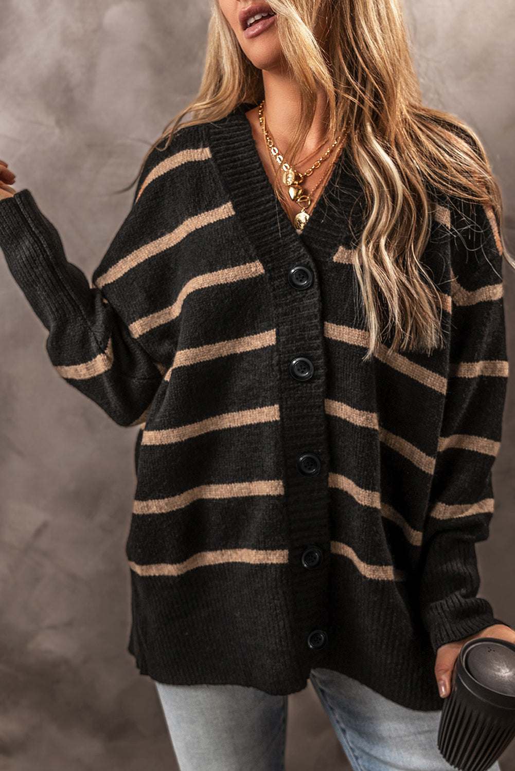 Black Stripe Buttoned V Neck Drop Shoulder Loose Cardigan - MAD RUFFI