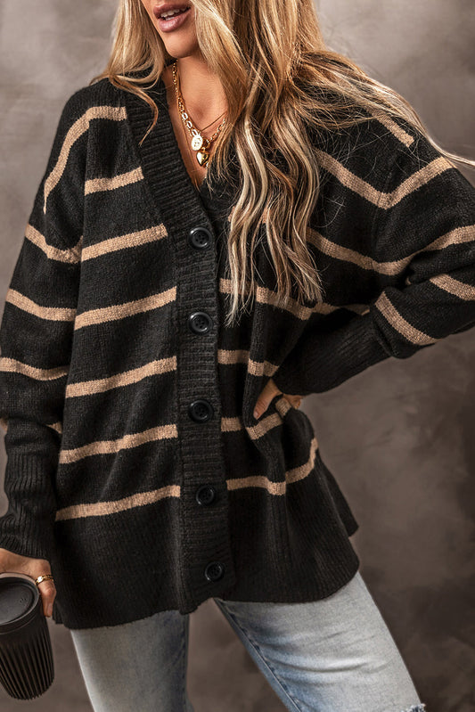 Black Stripe Buttoned V Neck Drop Shoulder Loose Cardigan - MAD RUFFI