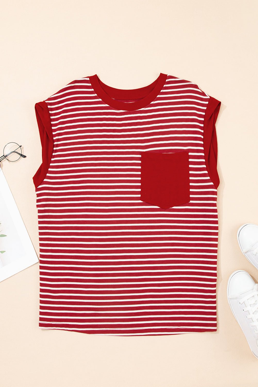 Black Stripe Chest Pocket Patch Round Neck Sleeveless Tee - MAD RUFFI