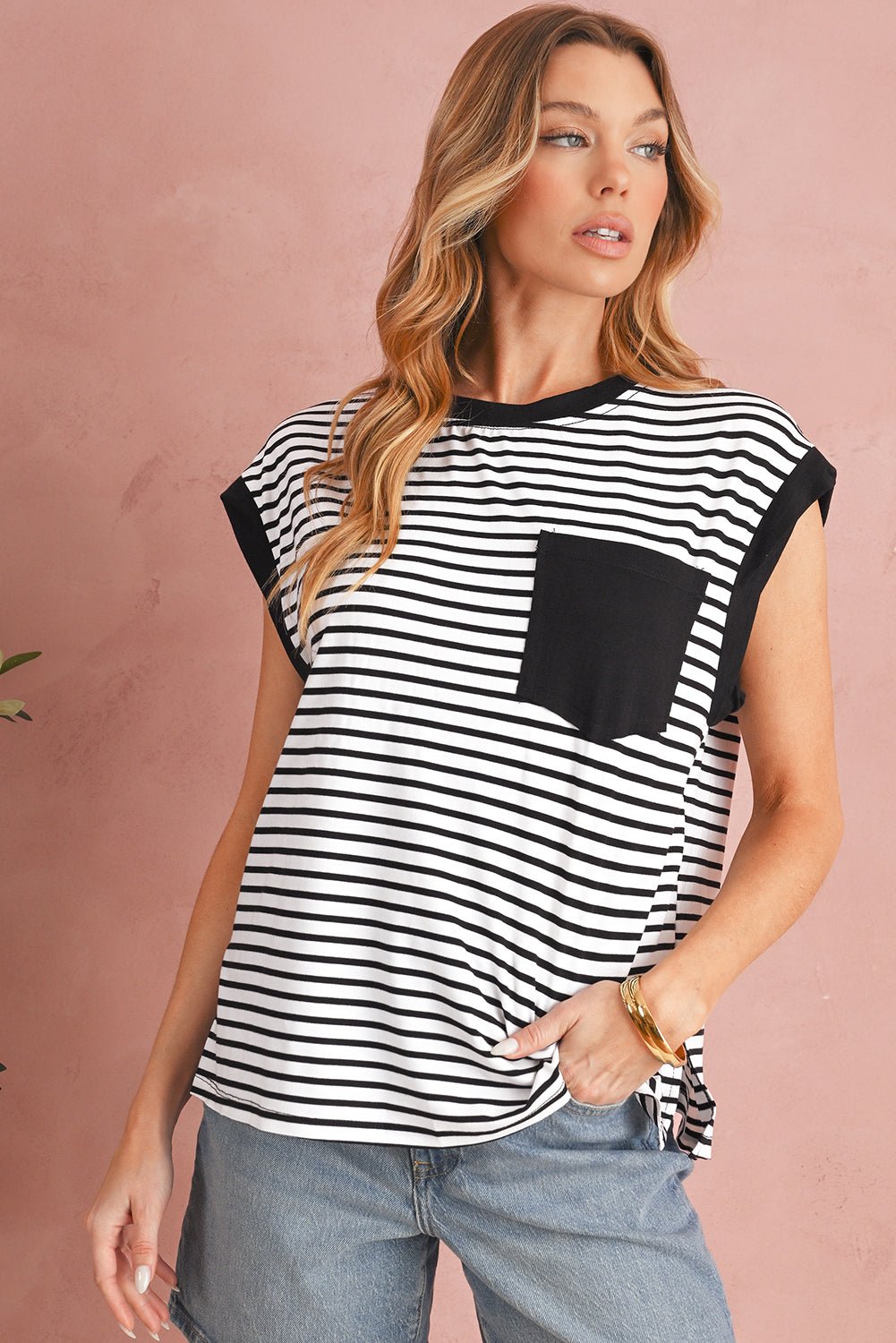 Black Stripe Chest Pocket Patch Round Neck Sleeveless Tee - MAD RUFFI