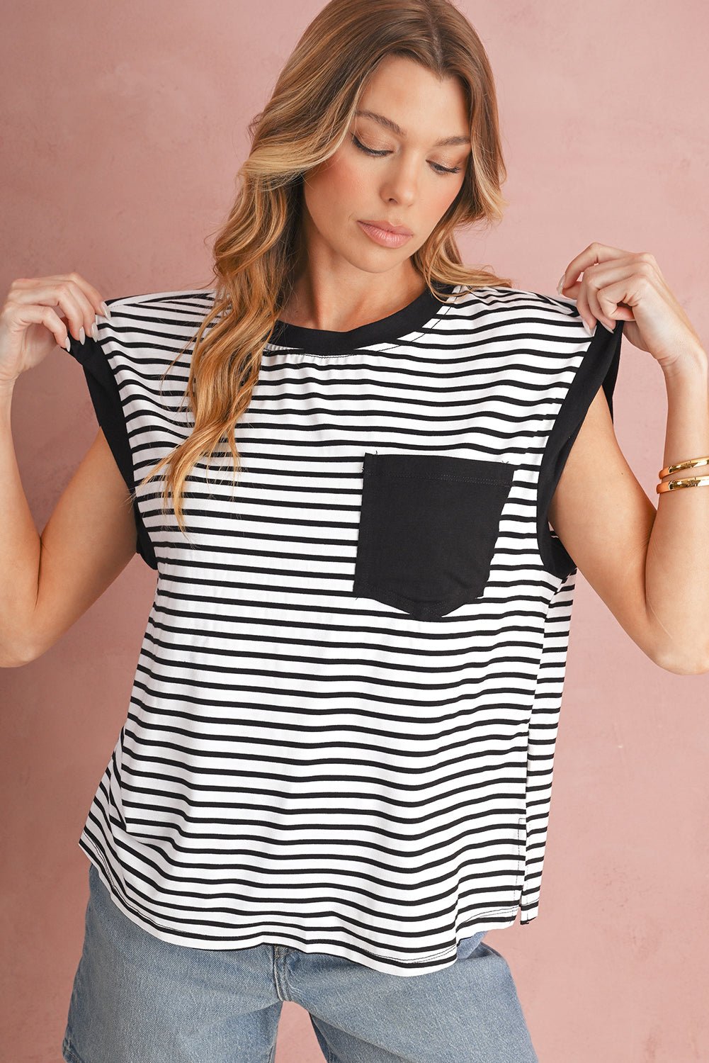 Black Stripe Chest Pocket Patch Round Neck Sleeveless Tee - MAD RUFFI
