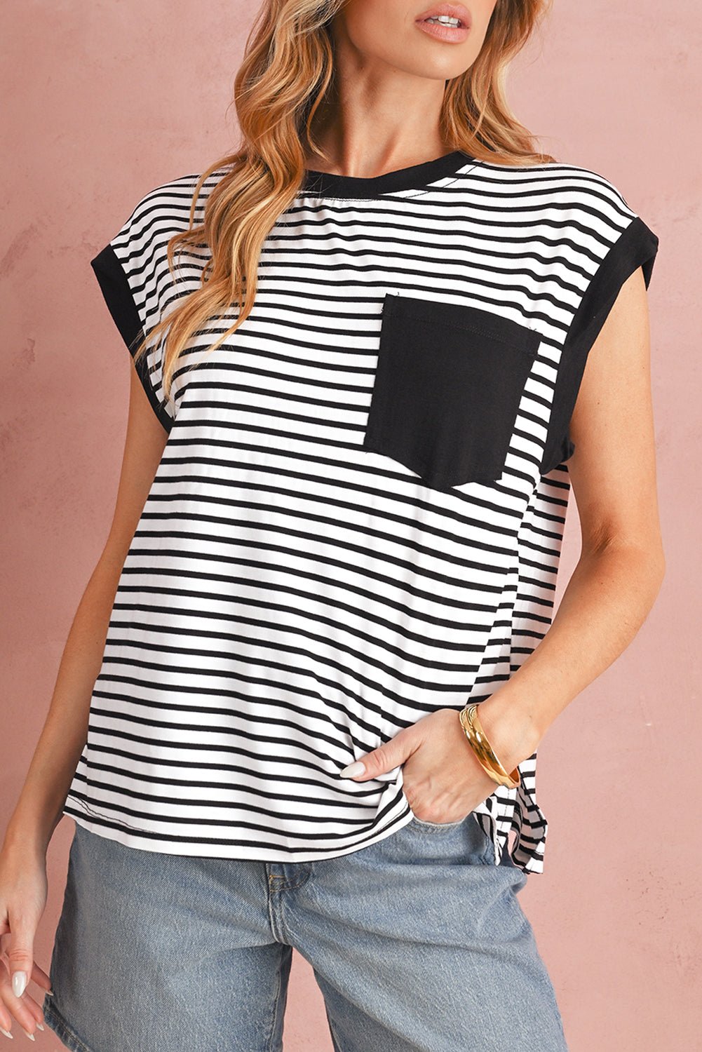 Black Stripe Chest Pocket Patch Round Neck Sleeveless Tee - MAD RUFFI