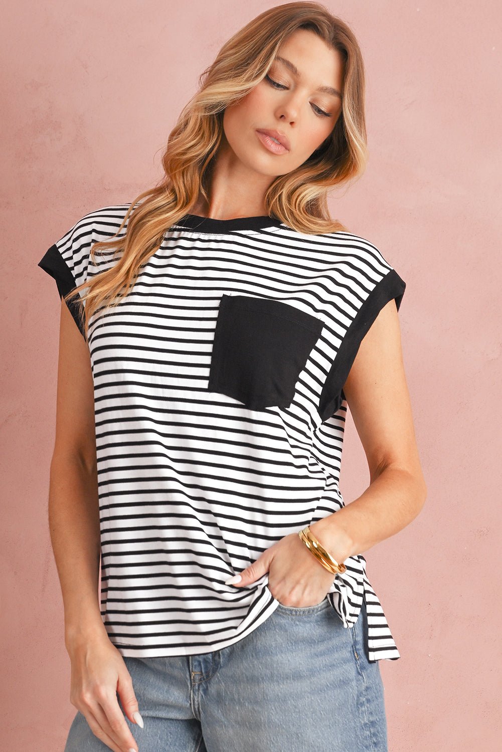 Black Stripe Chest Pocket Patch Round Neck Sleeveless Tee - MAD RUFFI