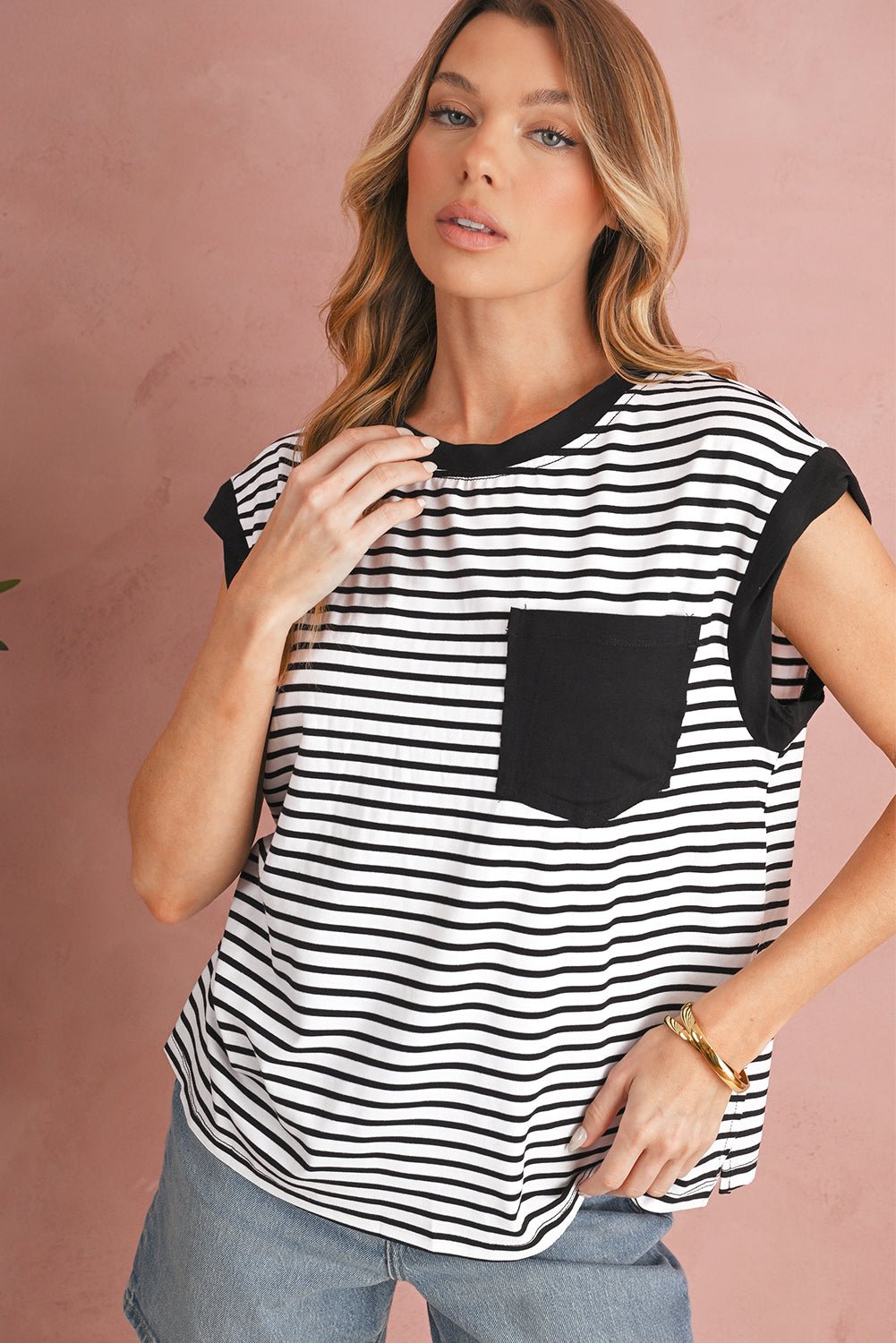 Black Stripe Chest Pocket Patch Round Neck Sleeveless Tee - MAD RUFFI