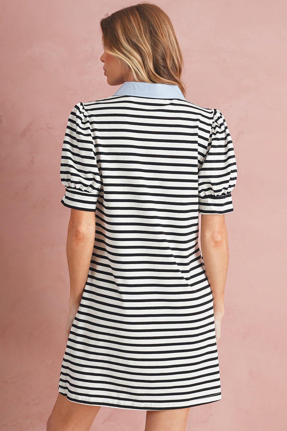 Black Stripe Collared Puff Sleeve Pocketed Mini Dress - MAD RUFFI
