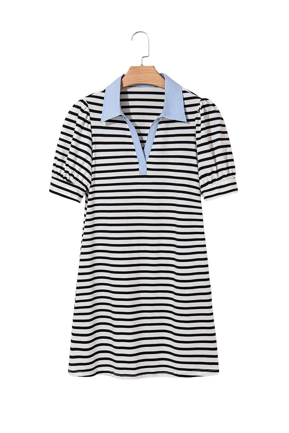 Black Stripe Collared Puff Sleeve Pocketed Mini Dress - MAD RUFFI