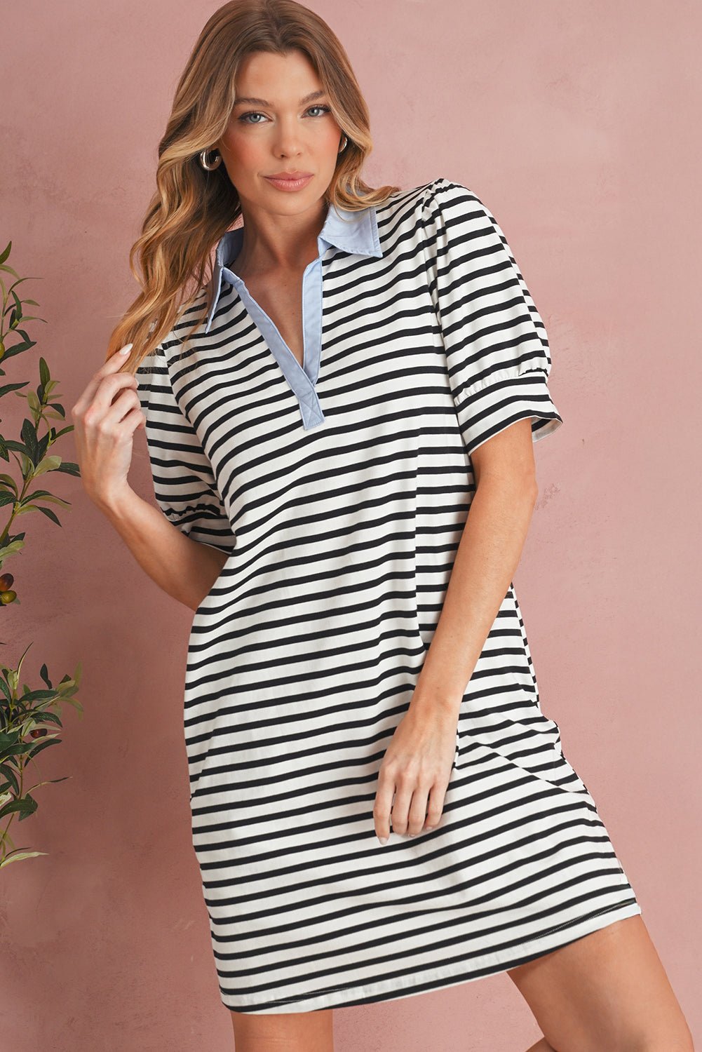 Black Stripe Collared Puff Sleeve Pocketed Mini Dress - MAD RUFFI