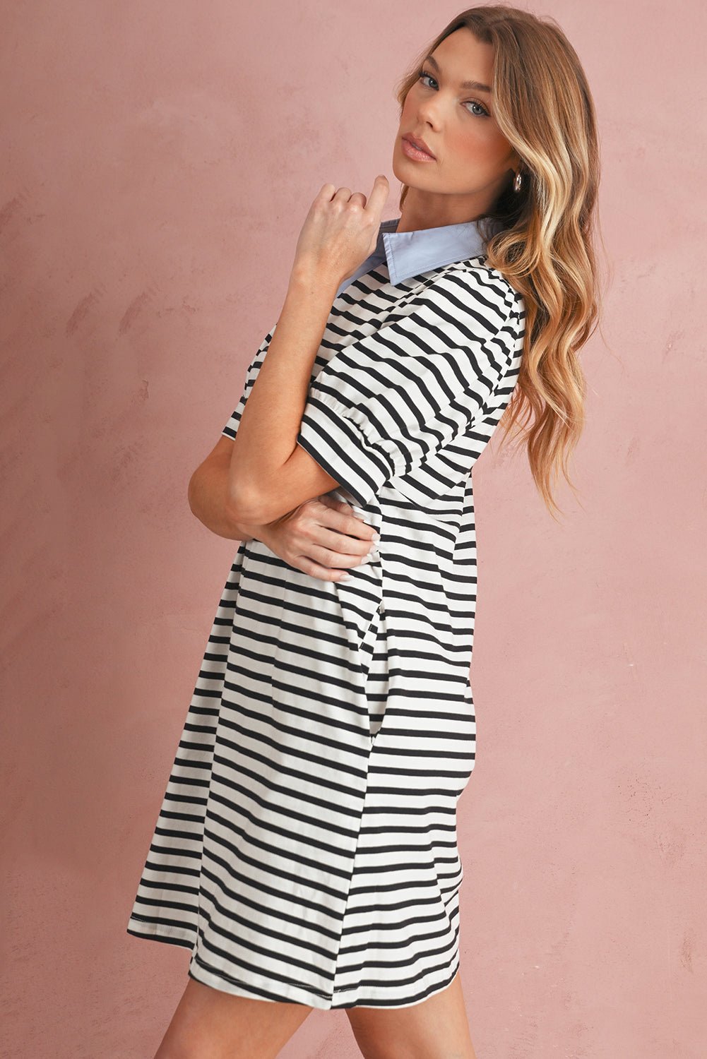 Black Stripe Collared Puff Sleeve Pocketed Mini Dress - MAD RUFFI