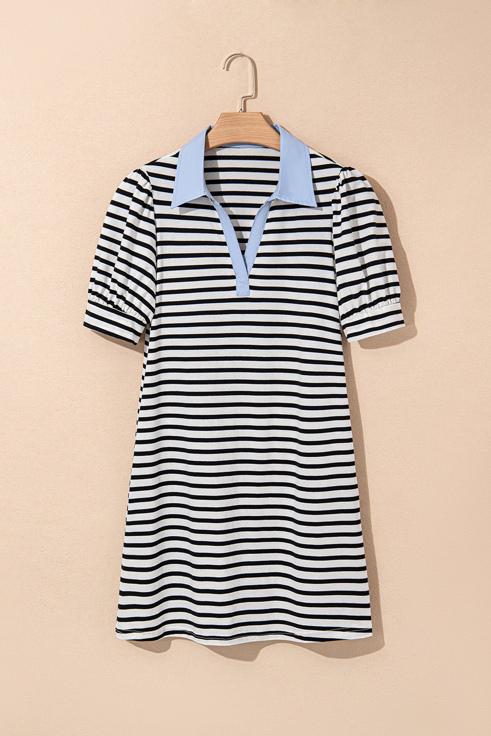 Black Stripe Collared Puff Sleeve Pocketed Mini Dress - MAD RUFFI