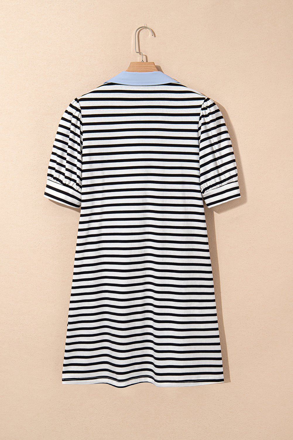 Black Stripe Collared Puff Sleeve Pocketed Mini Dress - MAD RUFFI