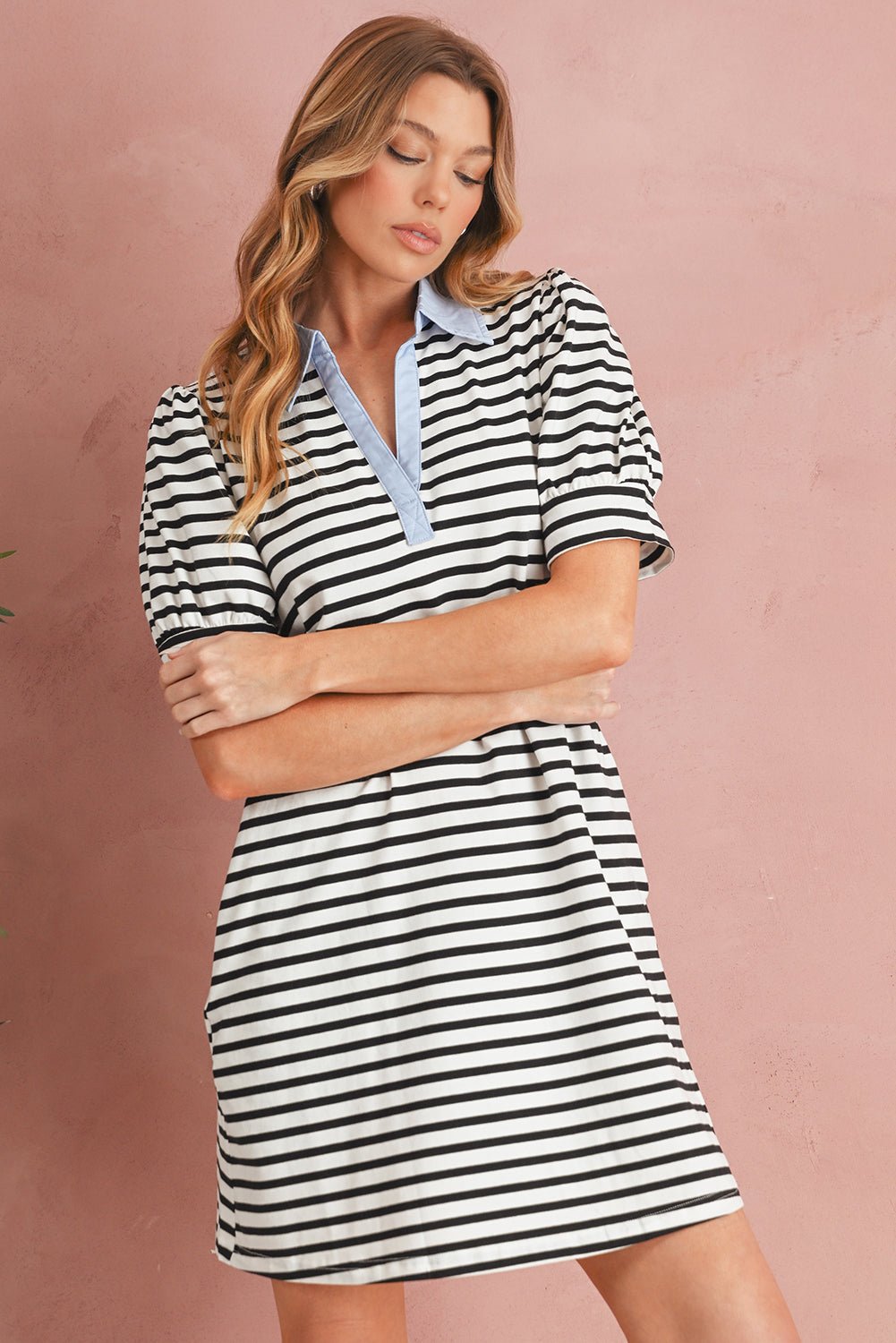 Black Stripe Collared Puff Sleeve Pocketed Mini Dress - MAD RUFFI
