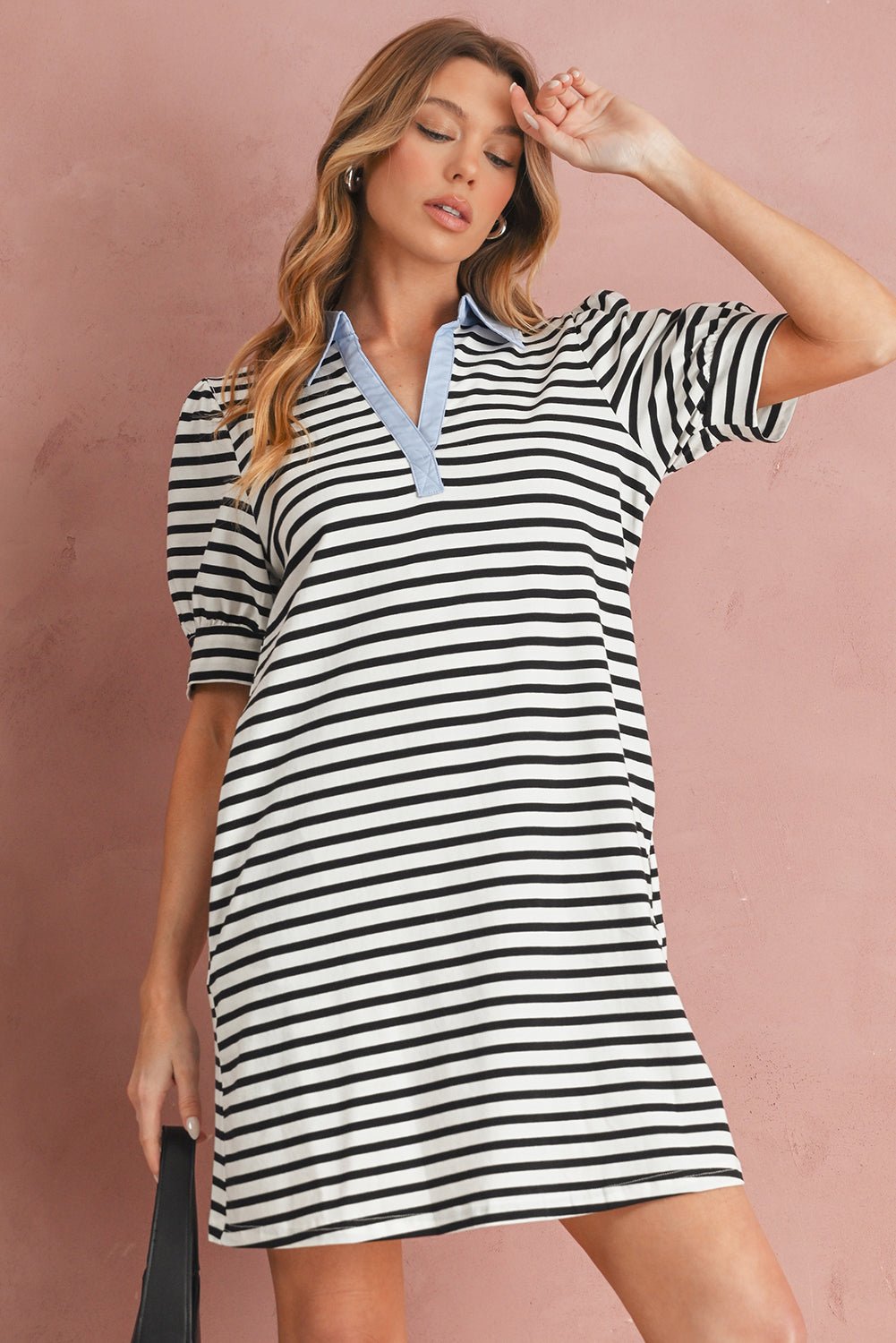 Black Stripe Collared Puff Sleeve Pocketed Mini Dress - MAD RUFFI