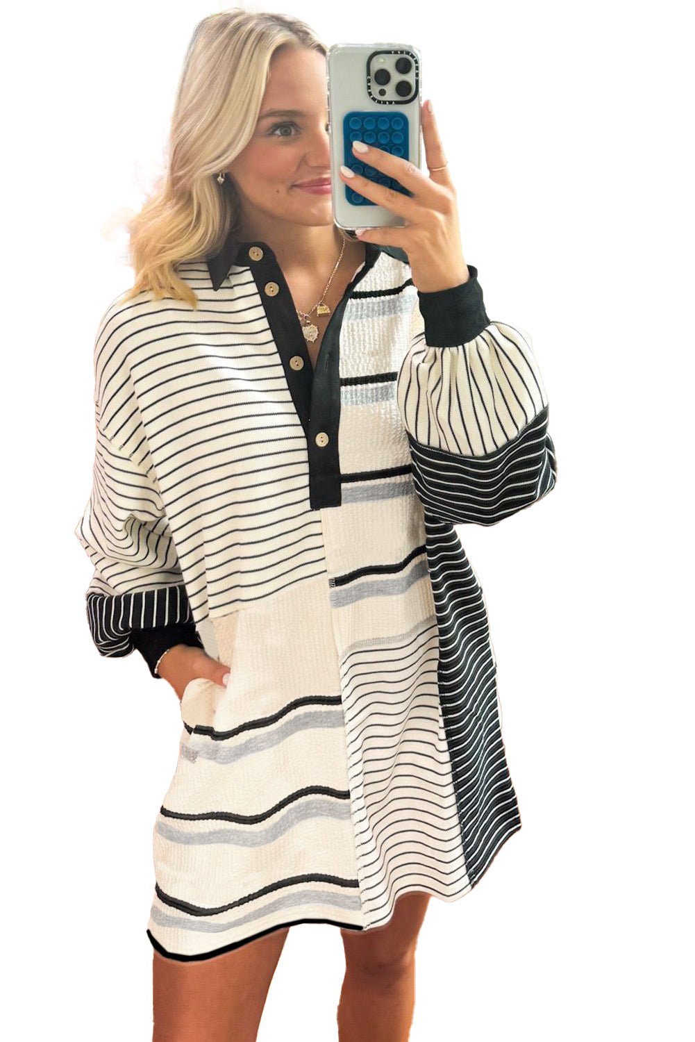 Black Stripe Colorblock Long Sleeve Collar Half Buttons Mini Dress - MAD RUFFI