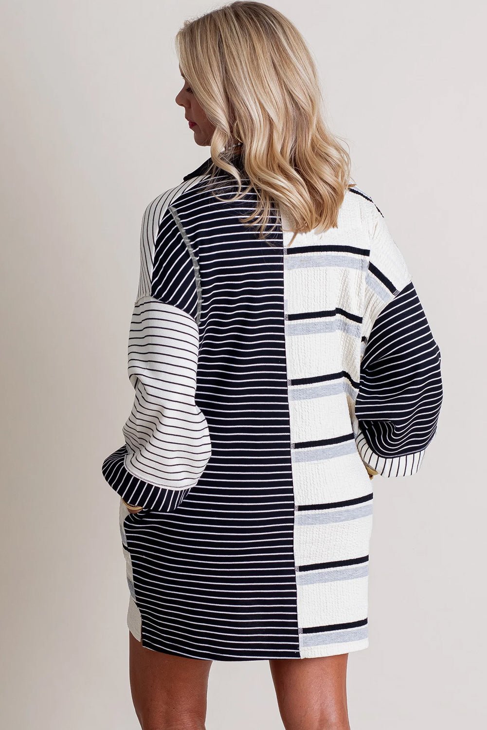 Black Stripe Colorblock Long Sleeve Collar Half Buttons Mini Dress - MAD RUFFI