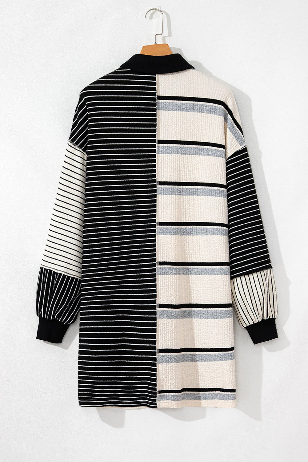 Black Stripe Colorblock Long Sleeve Collar Half Buttons Mini Dress - MAD RUFFI