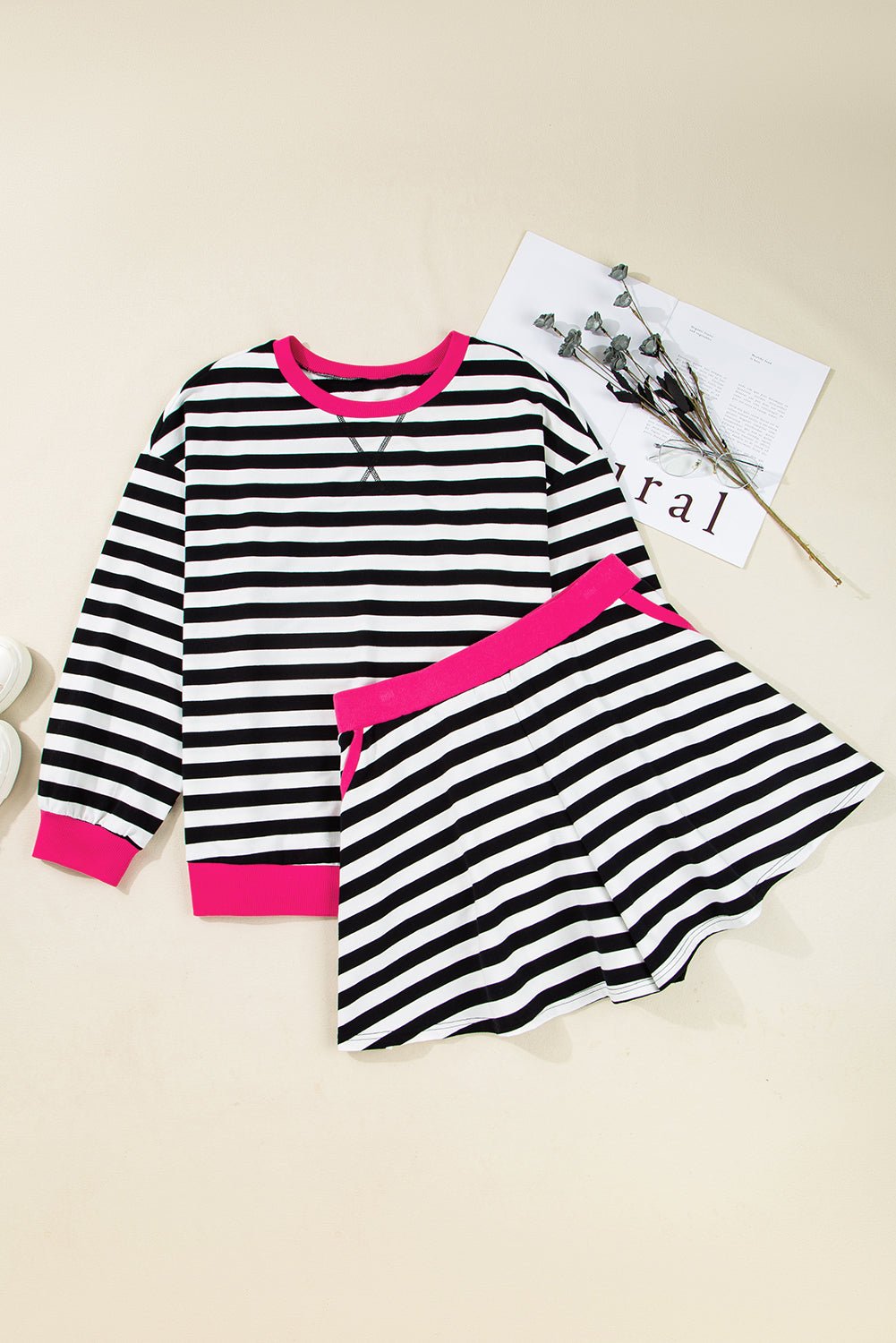 Black Stripe Contrast Edge Pullover and Shorts Plus Size Set - MAD RUFFI