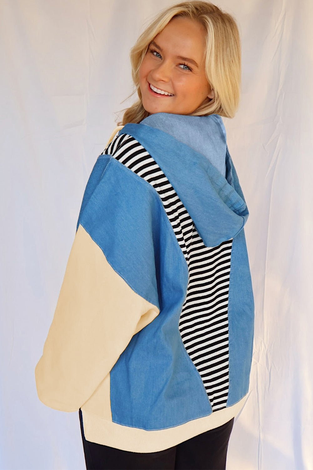 Black Stripe Denim Color Block Quarter Zip Baggy Drawstring Hoodie - MAD RUFFI