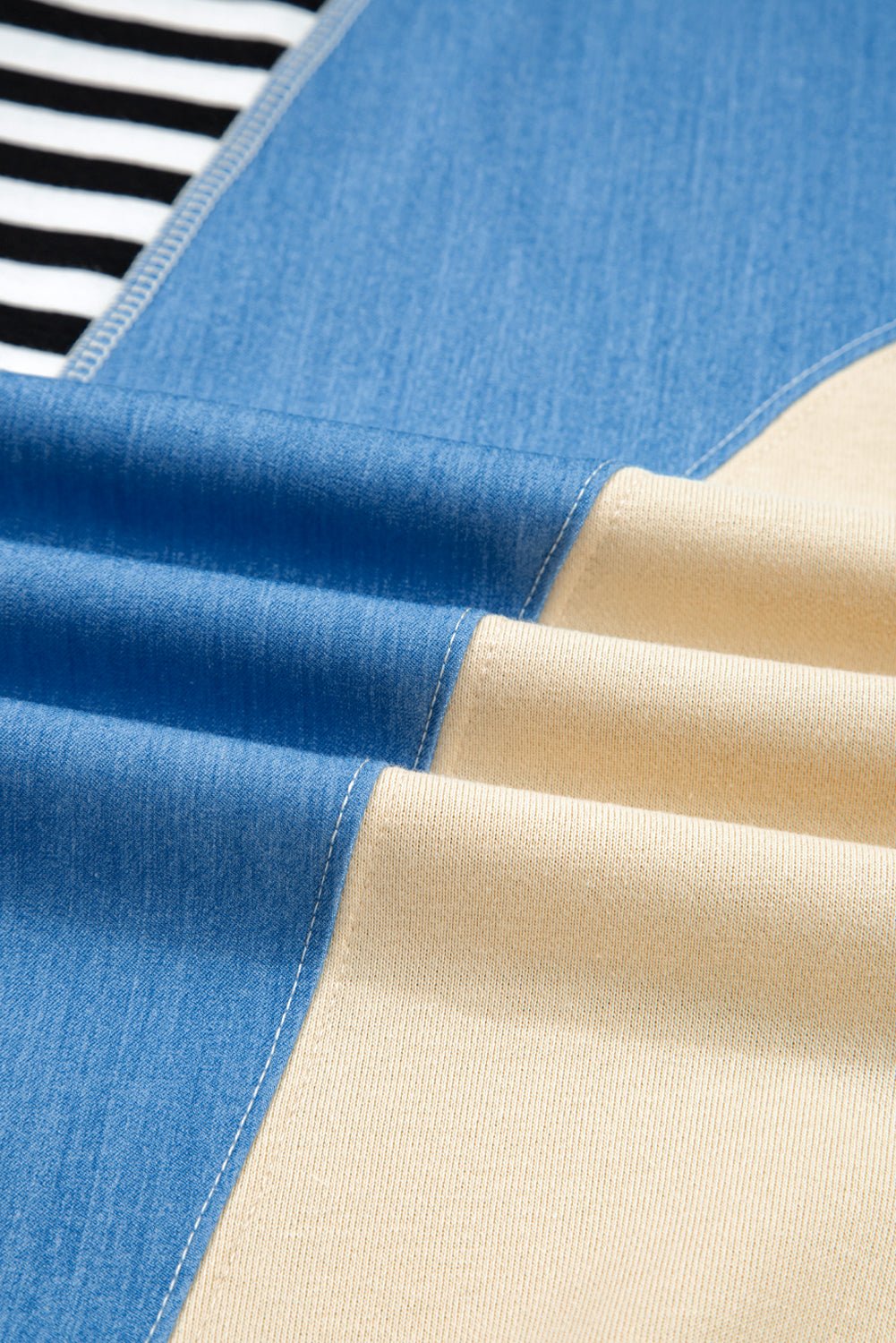 Black Stripe Denim Color Block Quarter Zip Baggy Drawstring Hoodie - MAD RUFFI