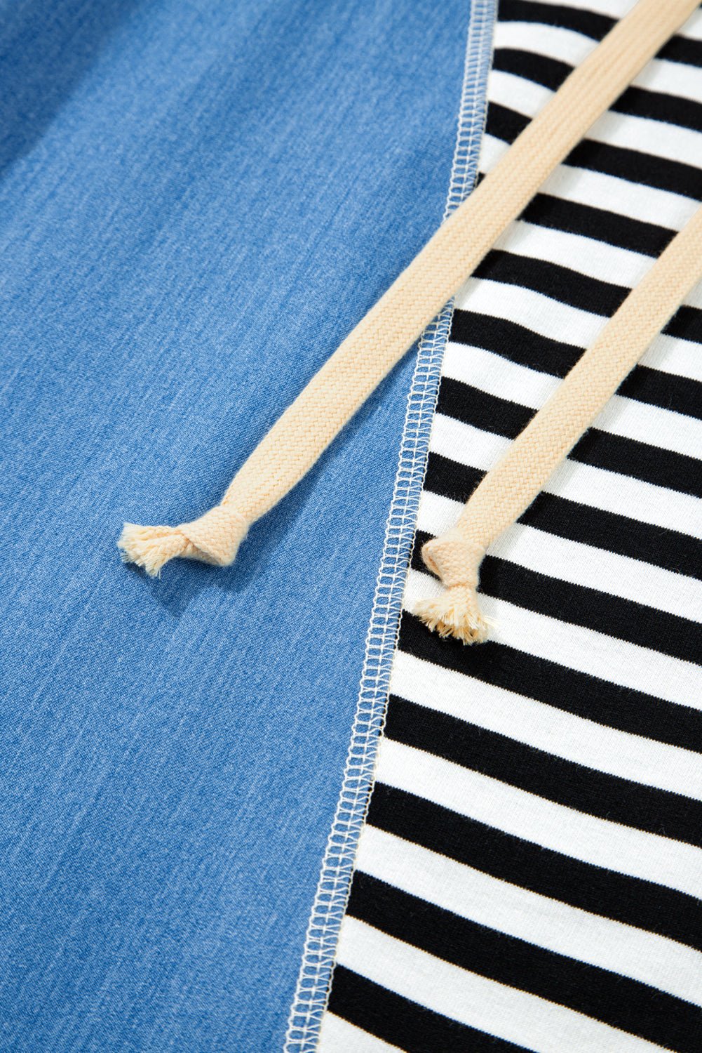 Black Stripe Denim Color Block Quarter Zip Baggy Drawstring Hoodie - MAD RUFFI