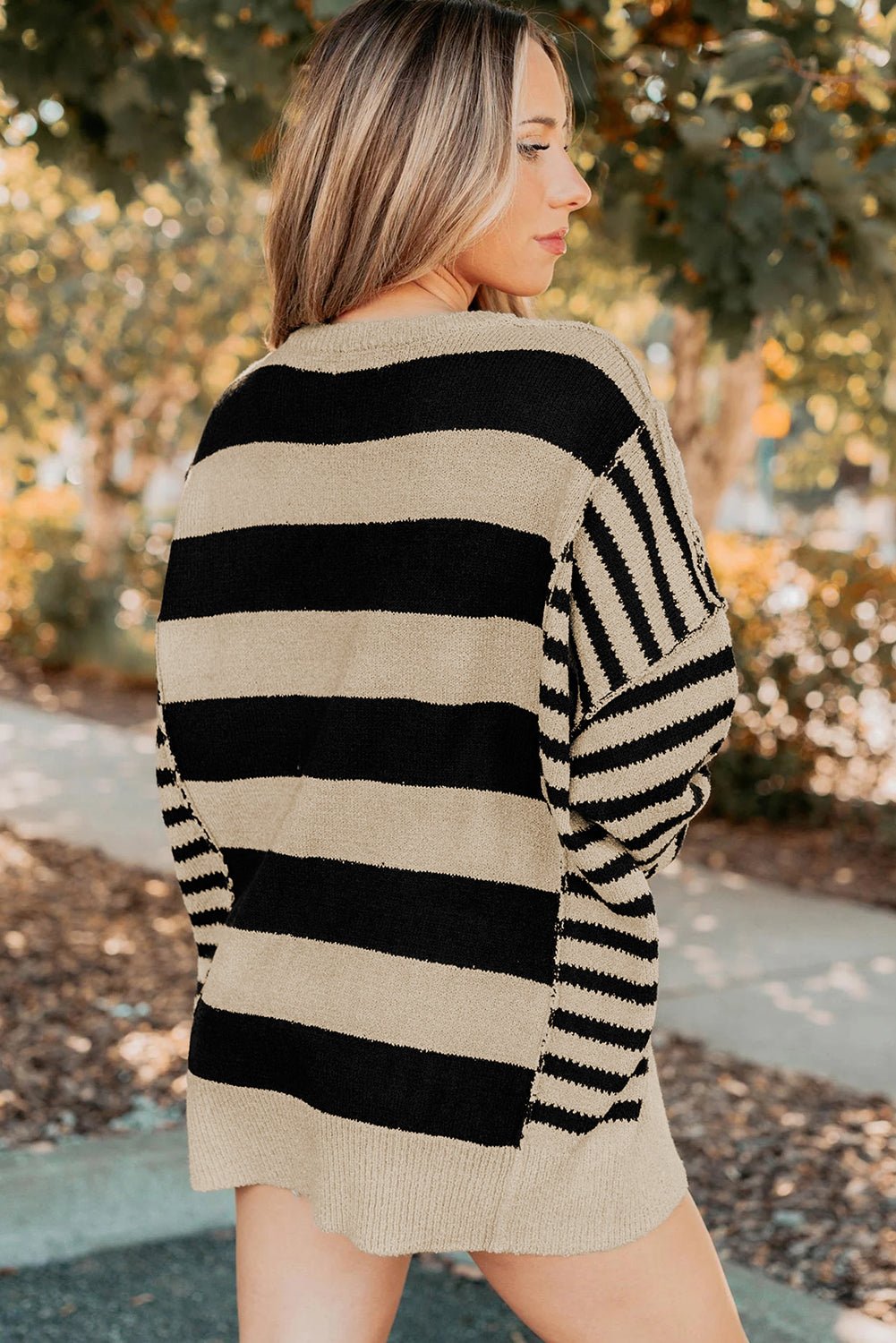 Black Stripe Drop Shoulder Sleeve Patchwork Baggy Sweater - MAD RUFFI