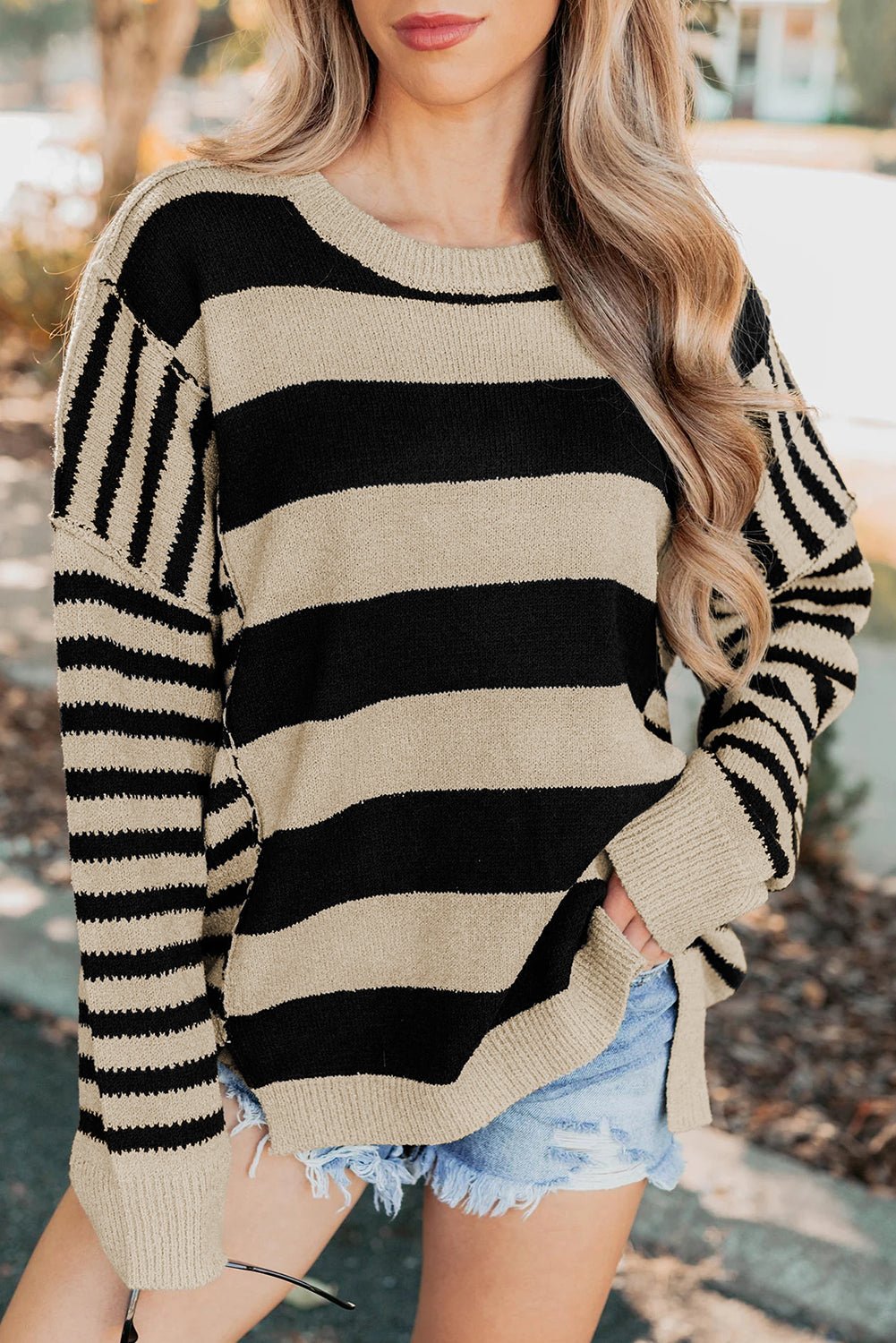 Black Stripe Drop Shoulder Sleeve Patchwork Baggy Sweater - MAD RUFFI