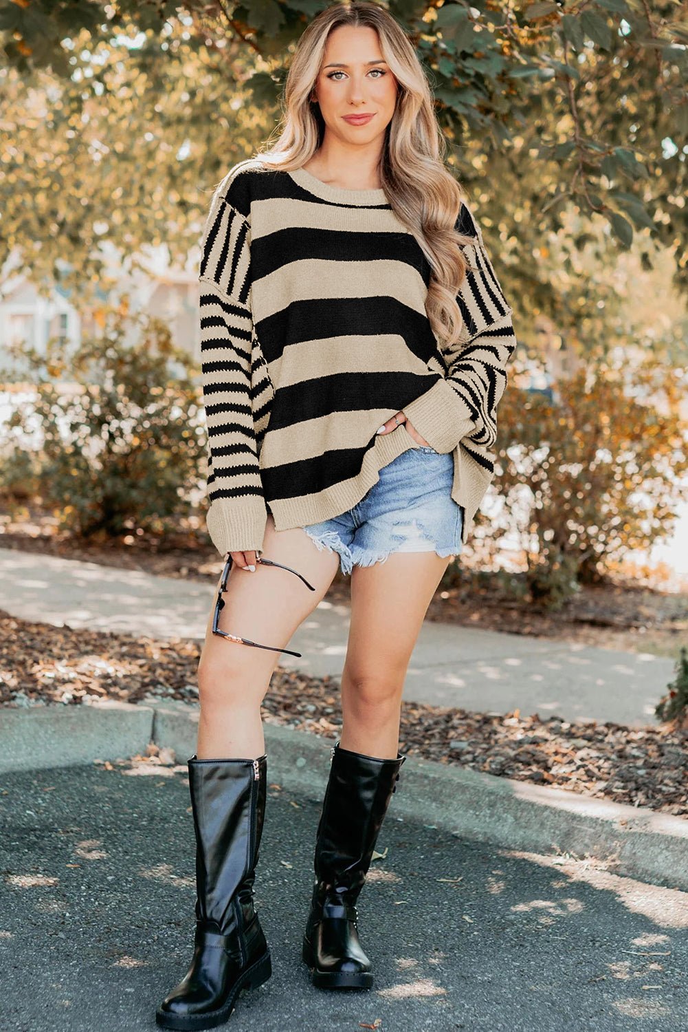 Black Stripe Drop Shoulder Sleeve Patchwork Baggy Sweater - MAD RUFFI