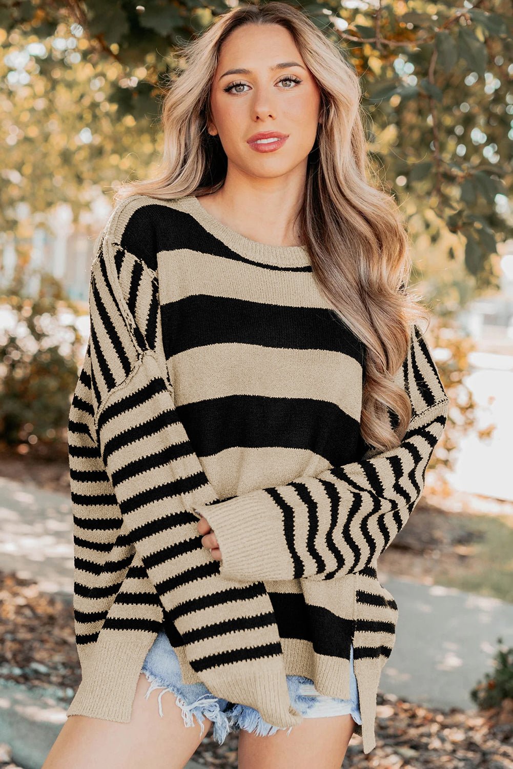Black Stripe Drop Shoulder Sleeve Patchwork Baggy Sweater - MAD RUFFI