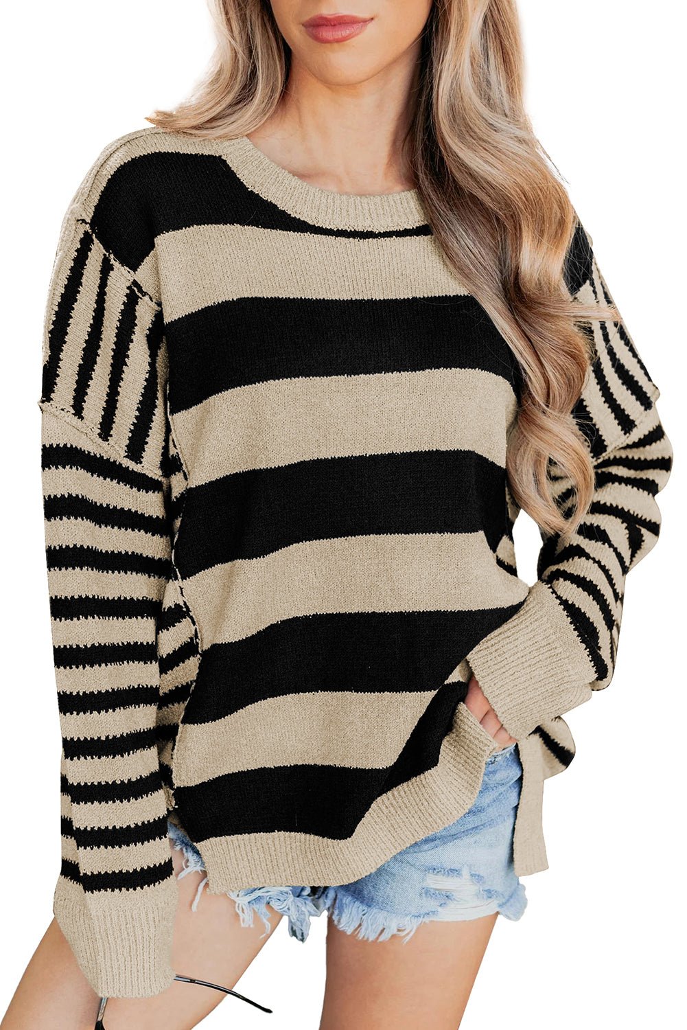 Black Stripe Drop Shoulder Sleeve Patchwork Baggy Sweater - MAD RUFFI