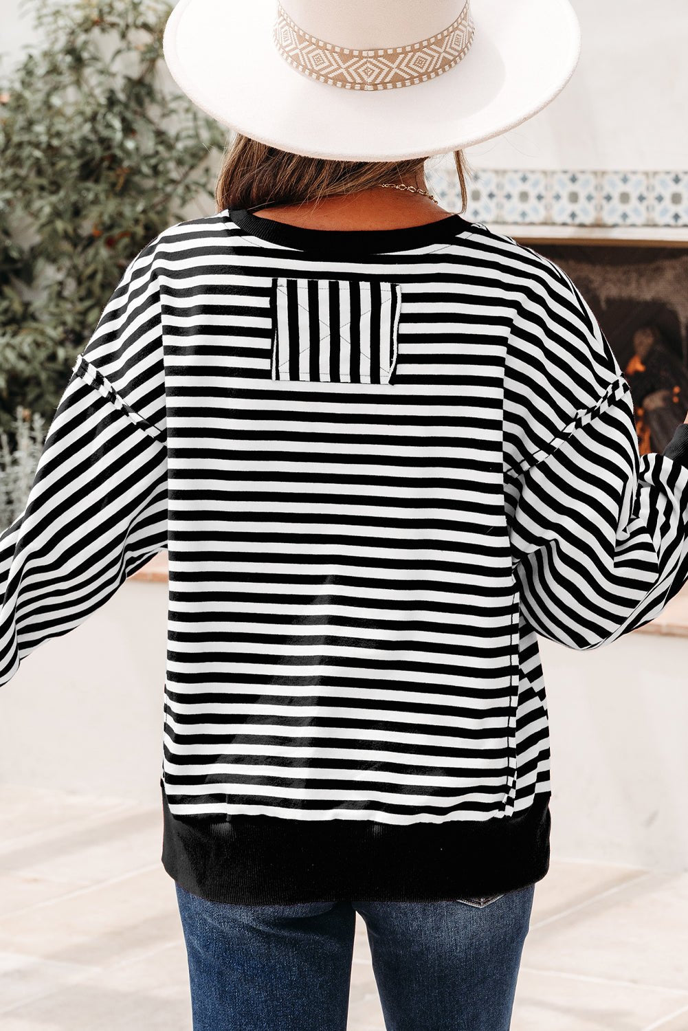 Black Stripe Exposed Seam Drop Shoulder Casual Pullover Top - MAD RUFFI