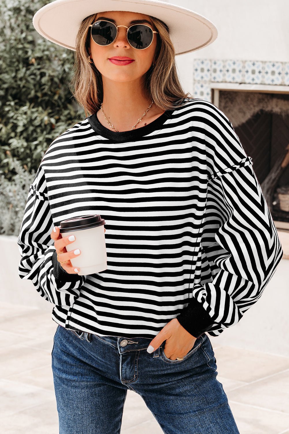 Black Stripe Exposed Seam Drop Shoulder Casual Pullover Top - MAD RUFFI