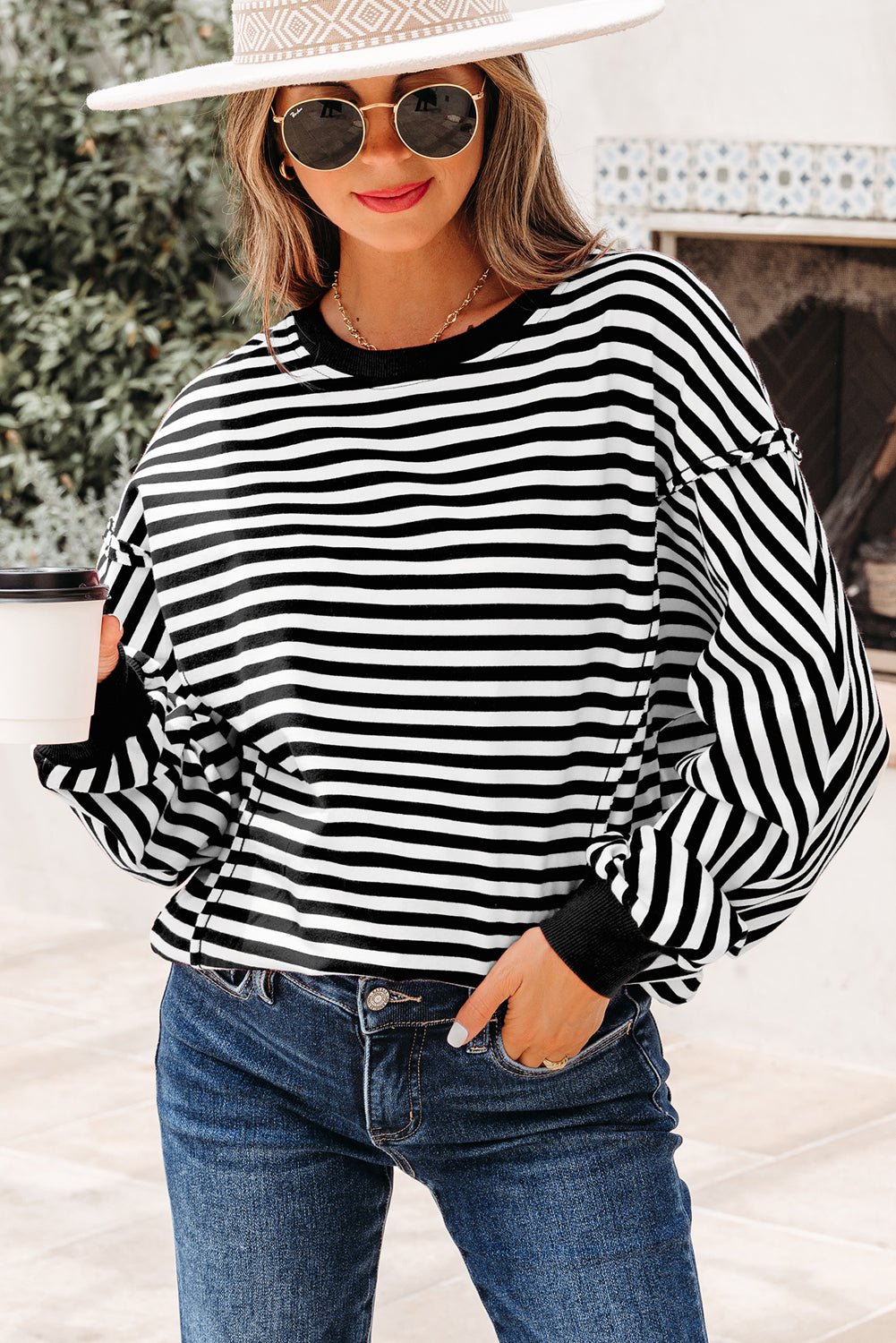 Black Stripe Exposed Seam Drop Shoulder Casual Pullover Top - MAD RUFFI