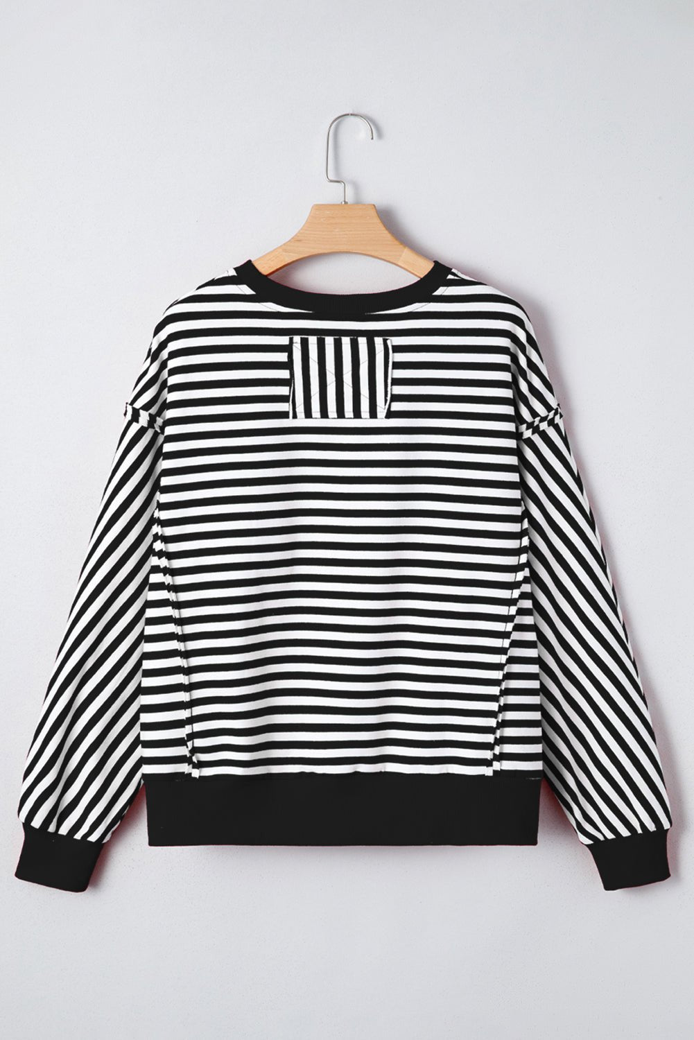 Black Stripe Exposed Seam Drop Shoulder Casual Pullover Top - MAD RUFFI