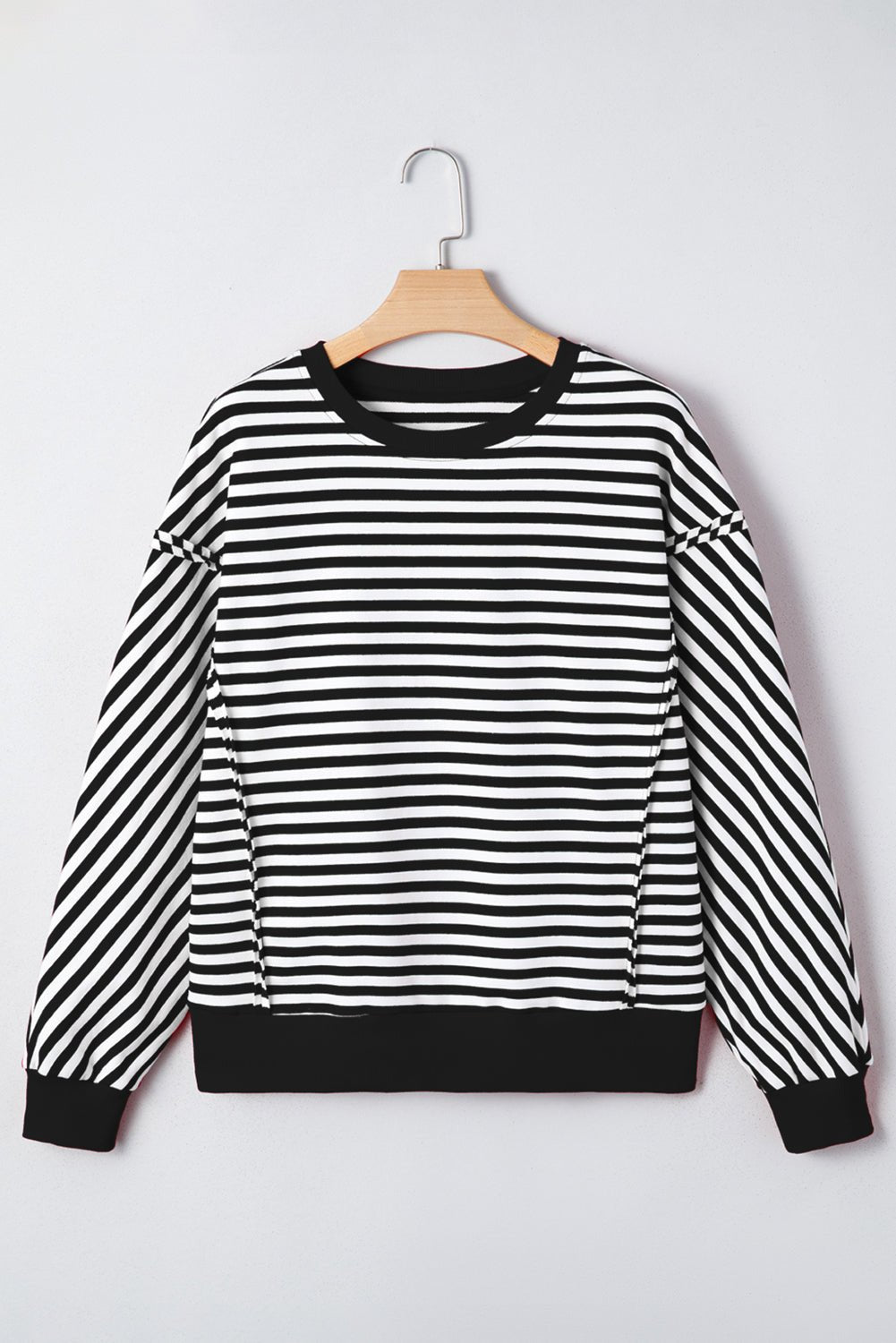 Black Stripe Exposed Seam Drop Shoulder Casual Pullover Top - MAD RUFFI
