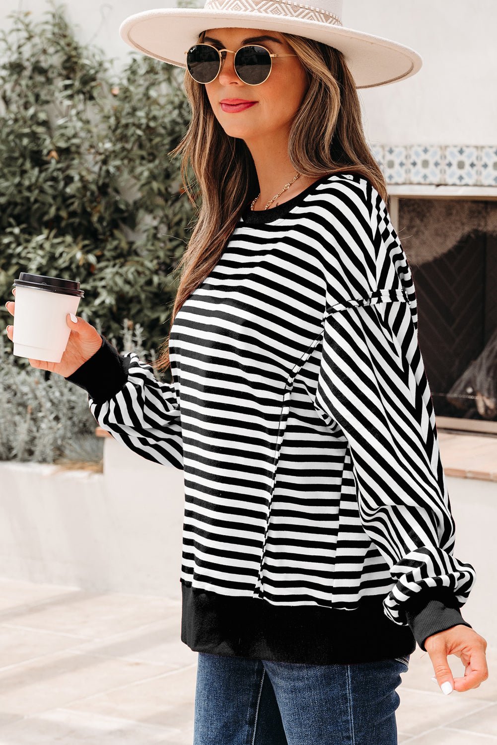 Black Stripe Exposed Seam Drop Shoulder Casual Pullover Top - MAD RUFFI